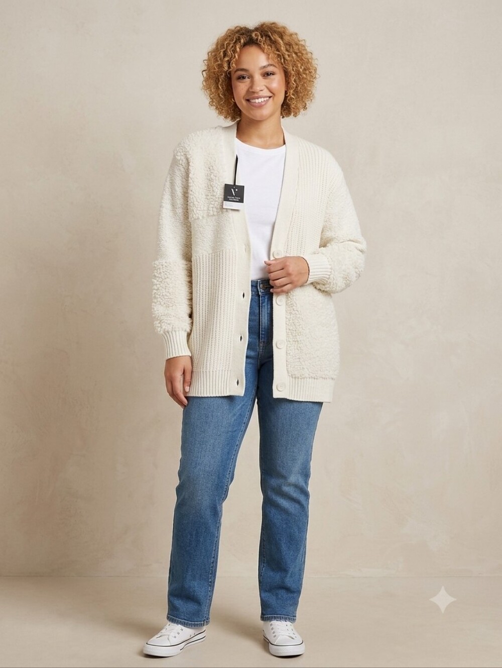 Simply Vera Vera Wang Cream White Patchwork Knit Cardigan Sweater Size XXL NWT